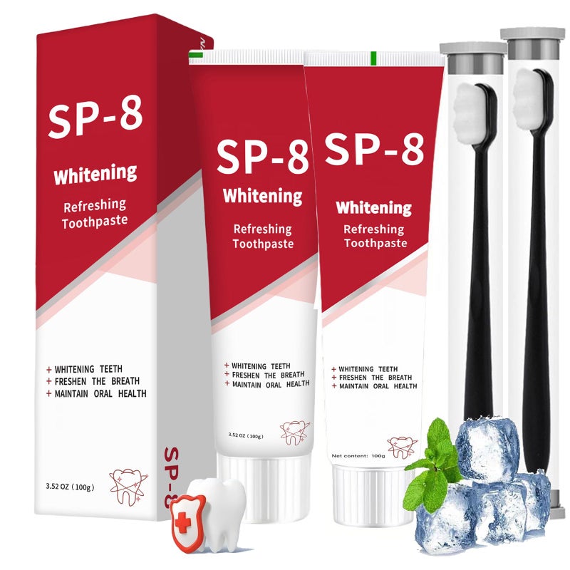 Sp-8 Probiotics Whitening Toothpaste, Sp-8 Probiotic Toothpaste with Toothbrush, Sp8 Tooth Whitening, Deep Cleaning,Fresh Breath,2pcs*100g
